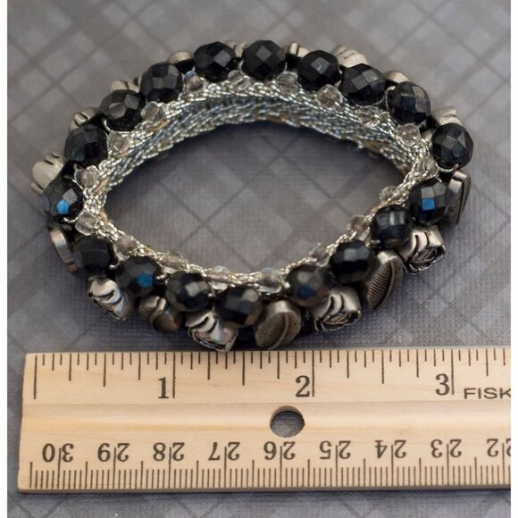 Vintage Gothic Silver Tone Flexible Black Bangle Bracelet G6 - Picture 3 of 3